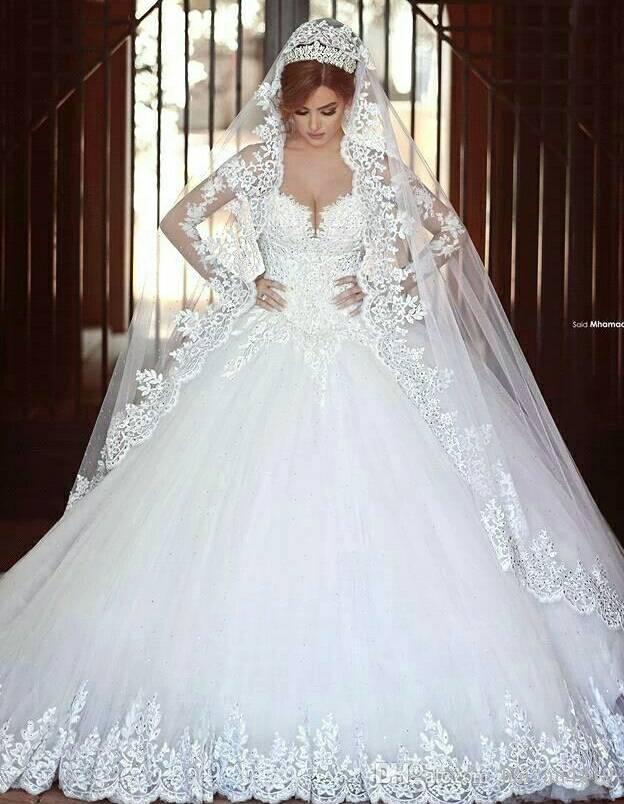2019 Modern Arabic A Line Wedding Dresses Said Mhamad Off Shoulder Long Sleeve Lace Appliques Beads Long Chapel Train Plus Size Bridal Gowns