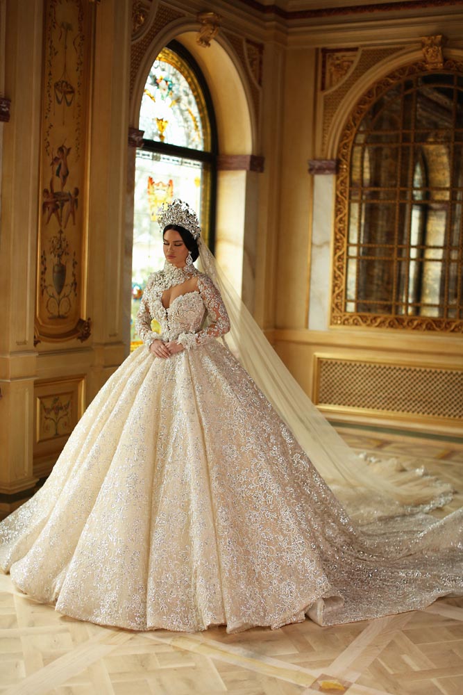 princess plus size wedding dresses high collar 3d floral appliques ball gown sweep train sparkly beading long sleeve wedding dress