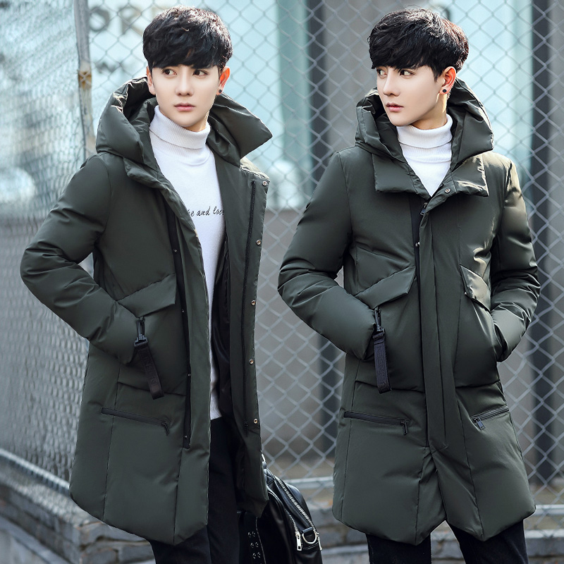 New men's winter coat slim fit windproof white duck down jacket men medium long coat hat detachable winter jacket for men