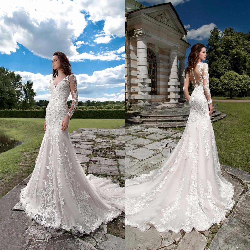 2020 Lace Wedding Dresses V Neck Long Sleeves Appliques Beads Mermaid Bridal Gowns Button Back Sweep Train Wedding Dress Robe De Mariee, Champagne
