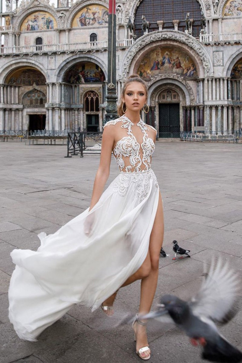 2020 Newest Wedding Dresses With Chiffon Train Halter Thigh High Slits Appliques Sash Lace A Line Bridal Gowns Sweep Train Wedding Dresses