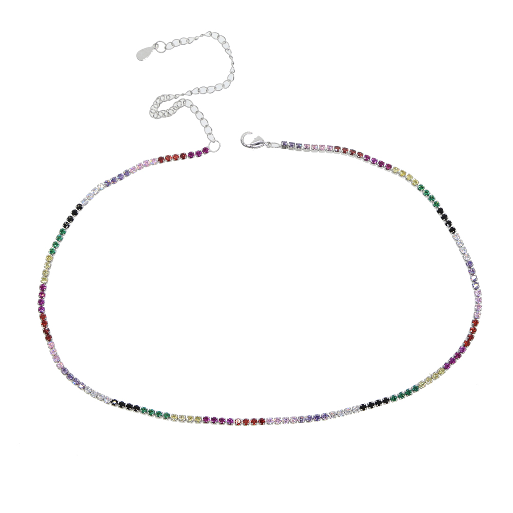 Wholesale- european usa women gift jewelry rainbow cz tennis choker necklace statement necklaces colorful stone 2mm tennis choker
