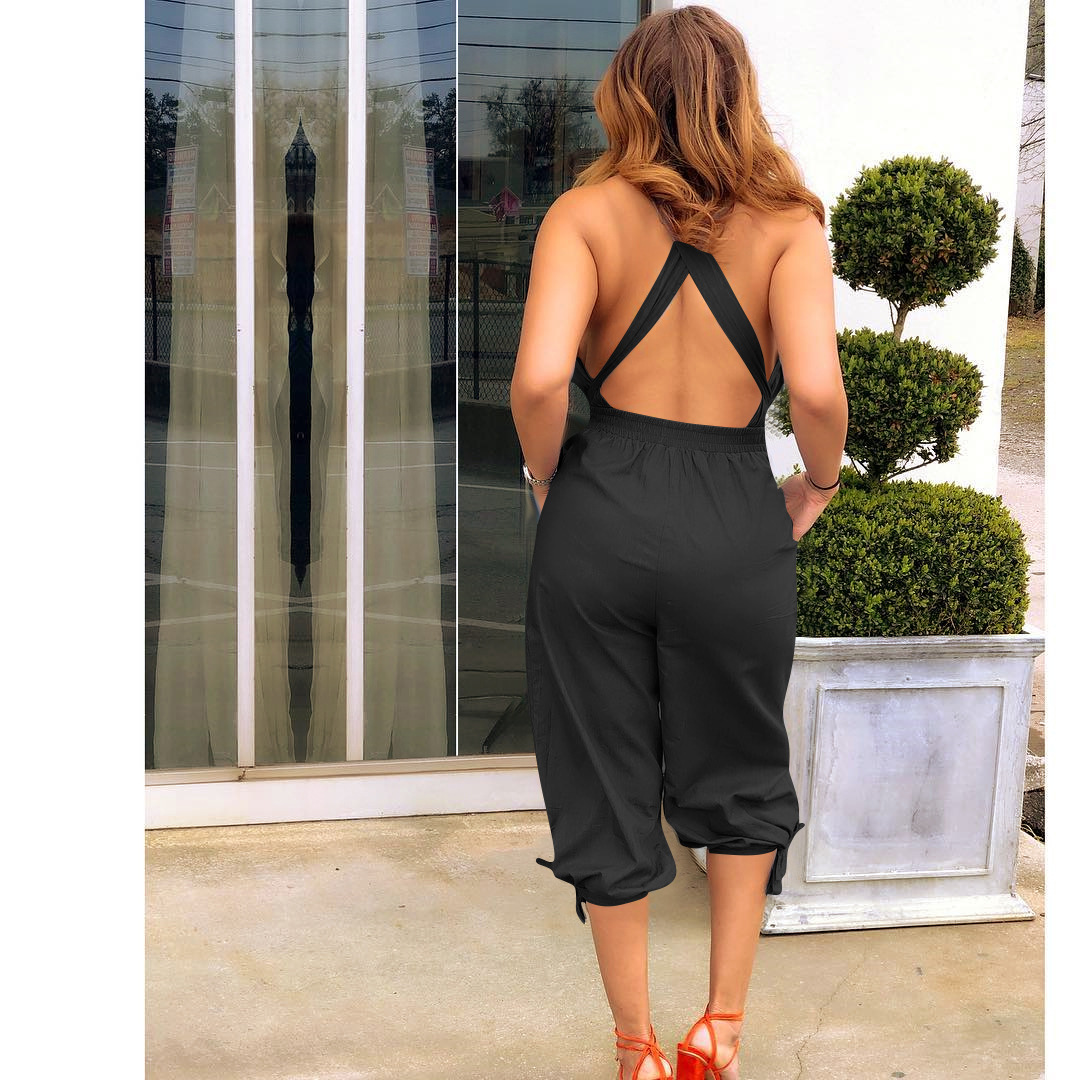 Jumpsuits spring and summer European casual Fashion backless V-neck tie jumpsuit support mixed batch