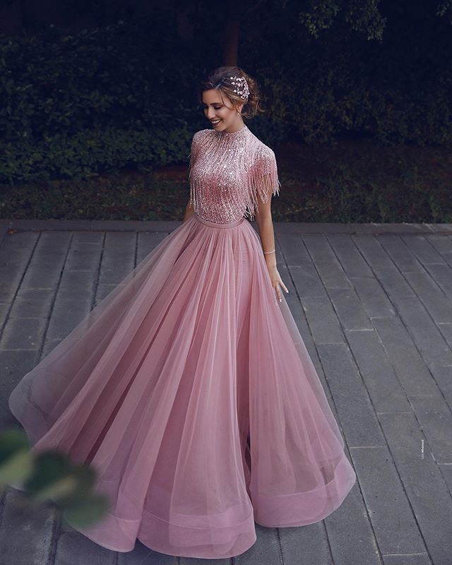 Modest New Arrival Evening Dresses High Short Long Sleeve Beading Sequins Formal Dresses Zipper Floor Length Party Gowns