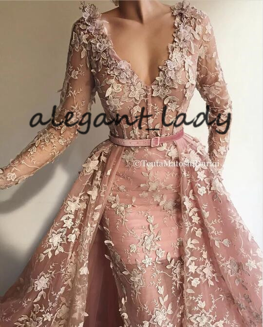 Timeless Flower Baby Pink Evening Pageant Dresses 2020 Illusion Long Sleeve V-neck Lace 3D Floral Mermaid Prom Gown Remove Train