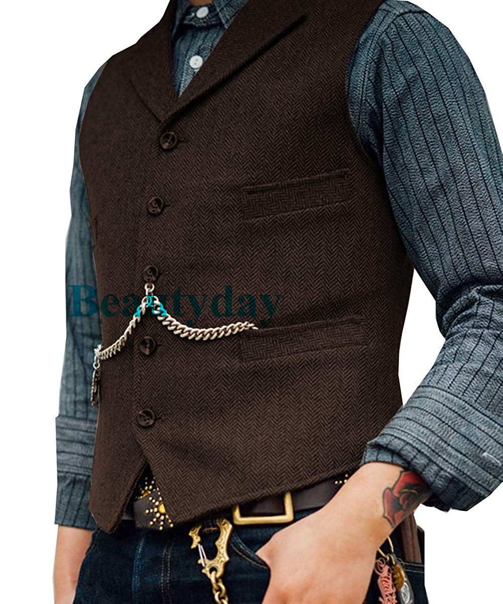 2019 Farm Brown Groom Vests Wool Herringbone Tweed Vest Slim Fit Men's Suit For Prom Country Wedding Waistcoat Dress Tailor Made Plus Size