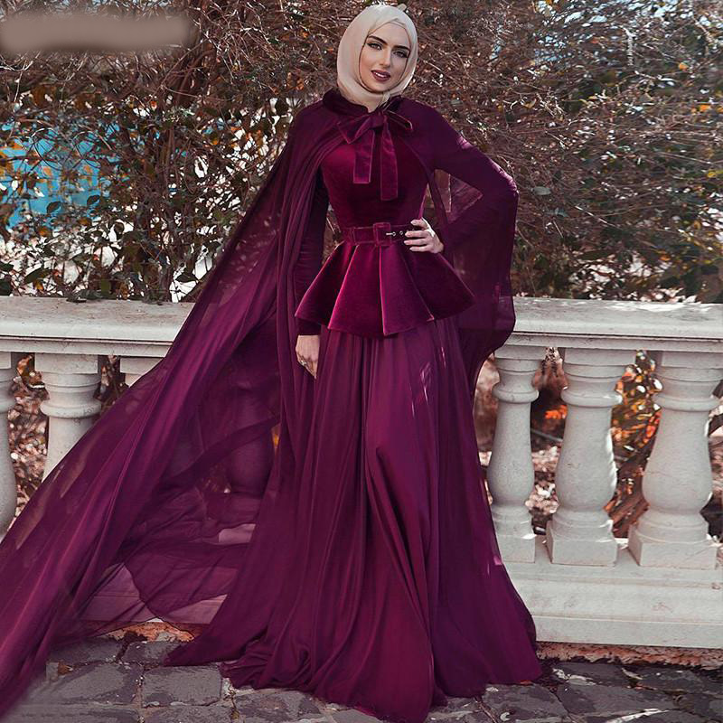 Muslim Wine Red Long Sleeves Prom Dresses 2020 High Neck Long Shawl Sashs A-Line Evening Gown Simple Fromal Party Dresses .