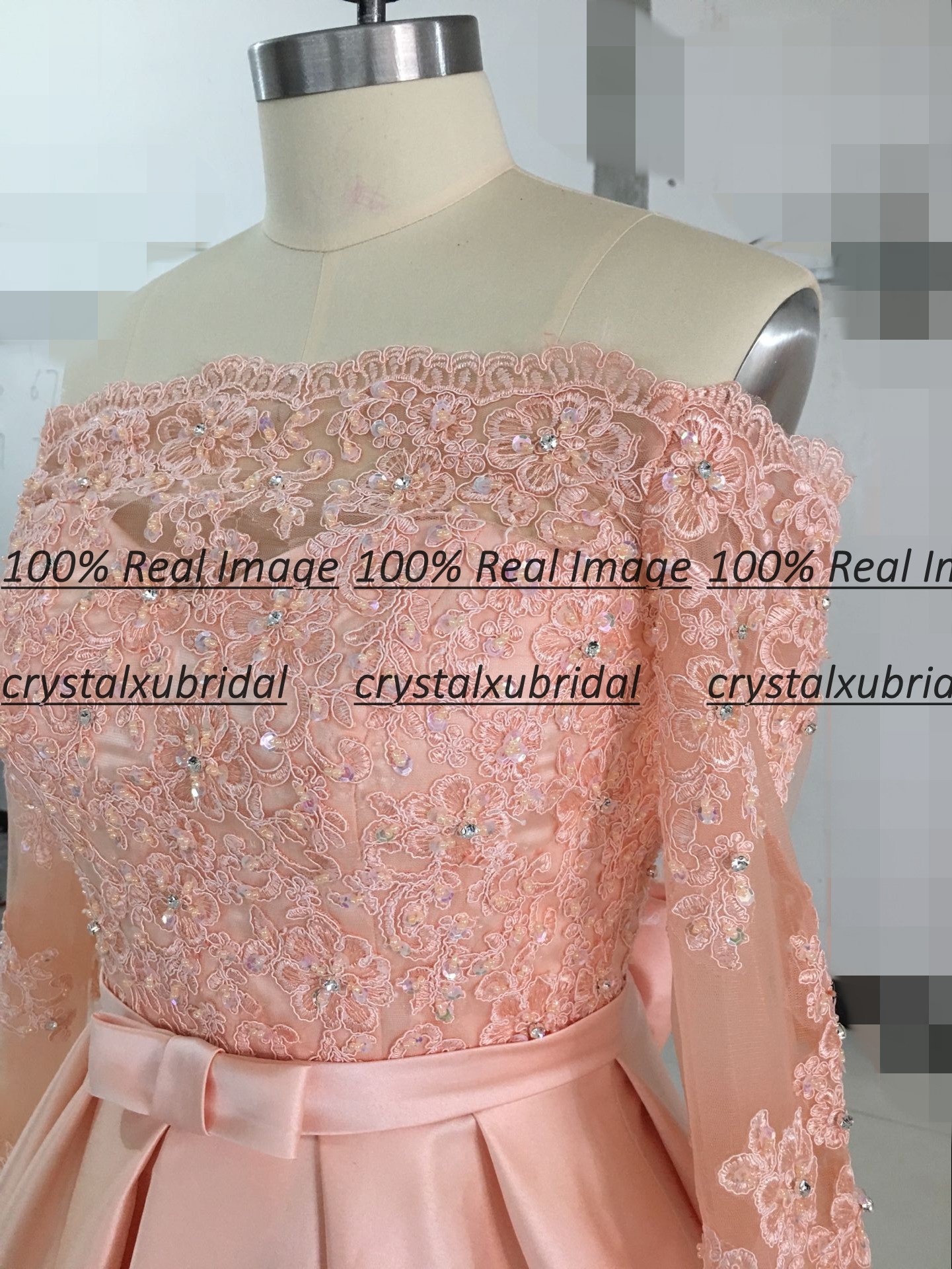 New Real Image Evening Dresses Wear Peach Off Shoulder Long Sleeves Lace Appliques Crystal Beads Sweep Train Custom Prom Party Gowns