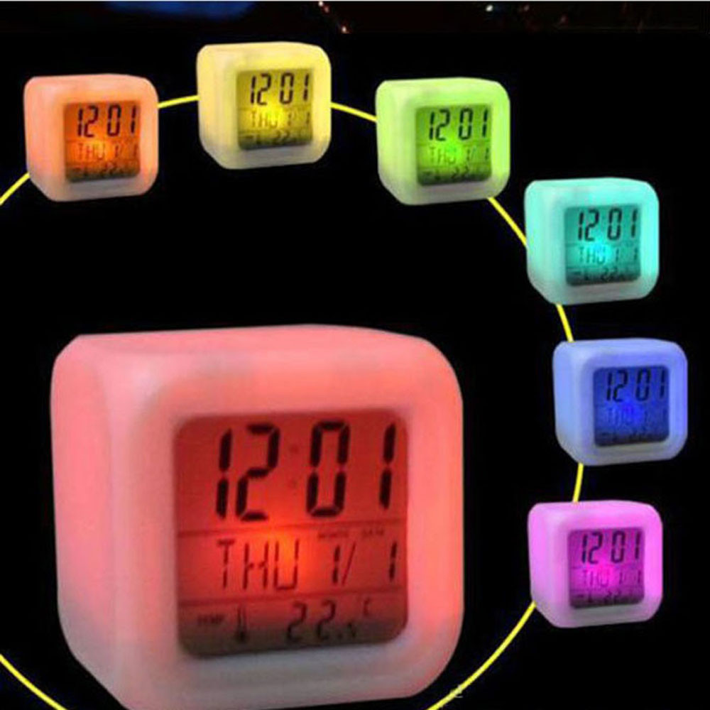

LED Alarm Clock 7 Colors Changing Digital Desk Gadget Digital Alarm Night Glowing Cube led Clock Home