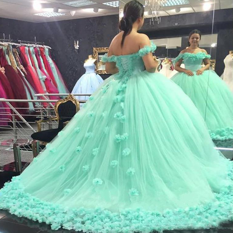 mint Ball Gown Quinceanera Dresses 3D Hand Made Flowers Off Shoulder Sweet 16 Plus Size Princess Tulle Cheap Masquerade Prom Gowns