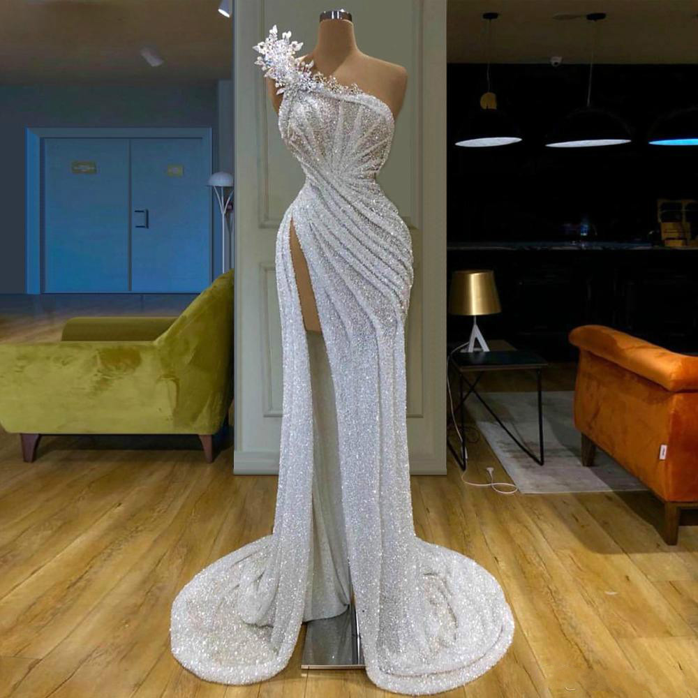 African Style Long Sparkly Prom Dress Crystal One Shoulder Sexy High Split Evening Gowns With Pearls Women Dress Party Celebrity