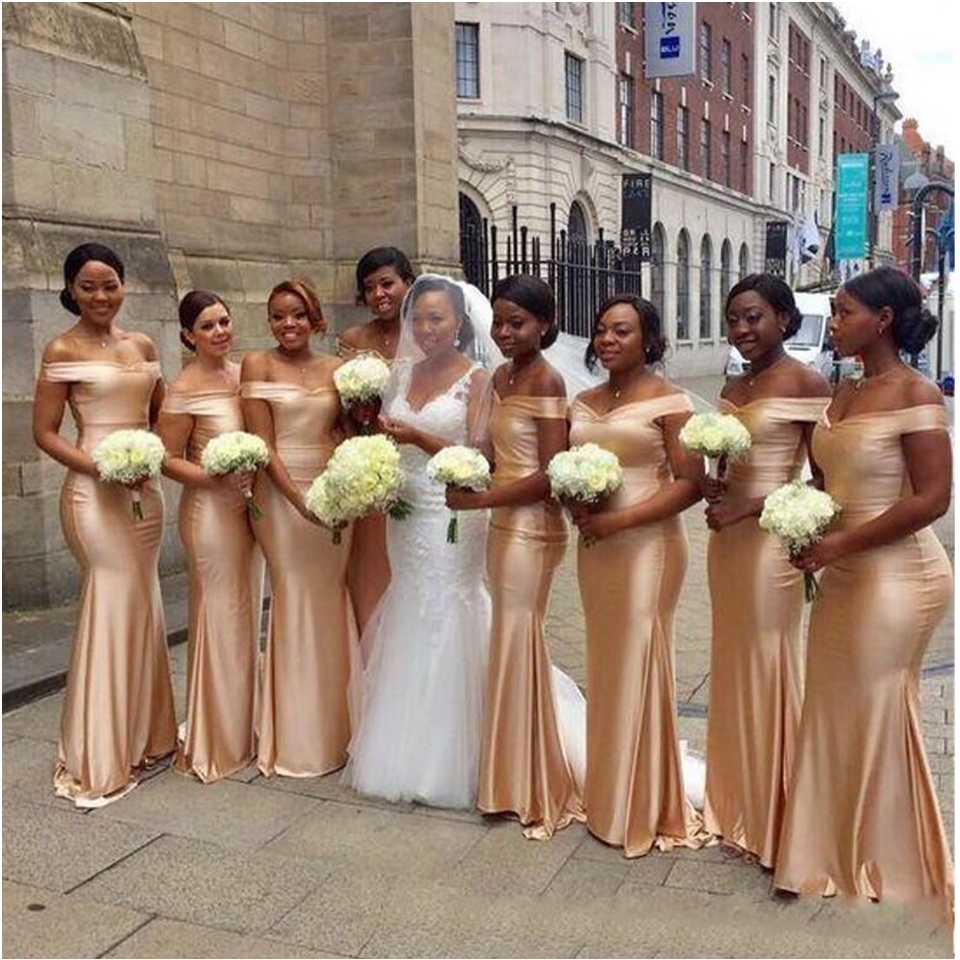 2020 Gold Floor Length Sleeveless Sexy Black Girl Wedding Guest Prom Dress Custom African Off The Shoulder Beach Mermaid Bridesmaids Dresses