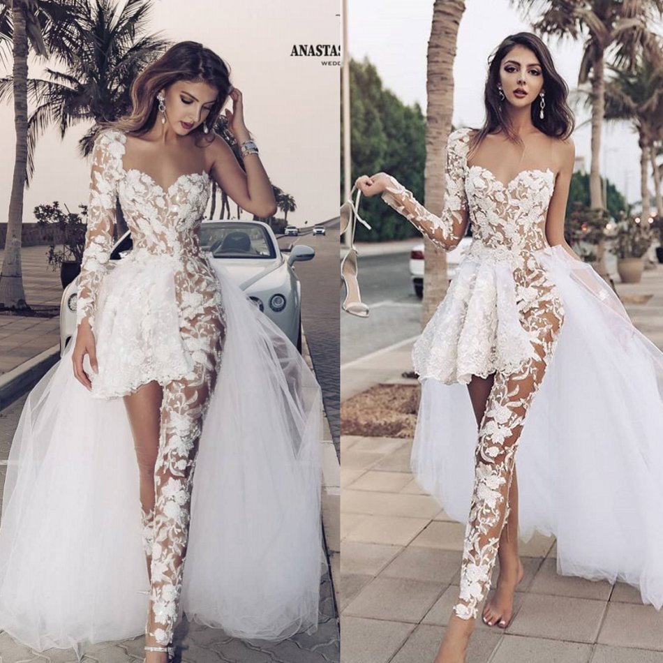 2020 White Wedding Jumpsuits With Detachable Train Lace 3D Floral Appliqued Illusion Long Sleeve Beach Wedding Dresses Vestidos De Novia