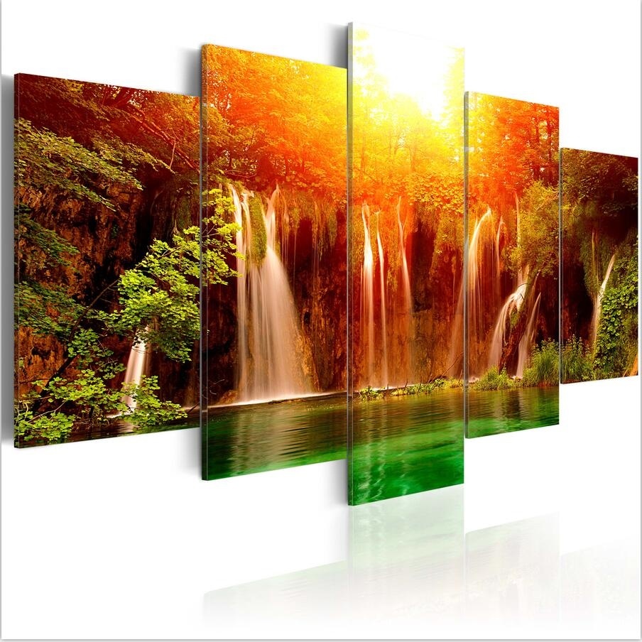 ( No Frame)5PCS/Set Modern Landscape Green Lake Art Print Frameless Canvas Painting Wall Picture Home Decoration