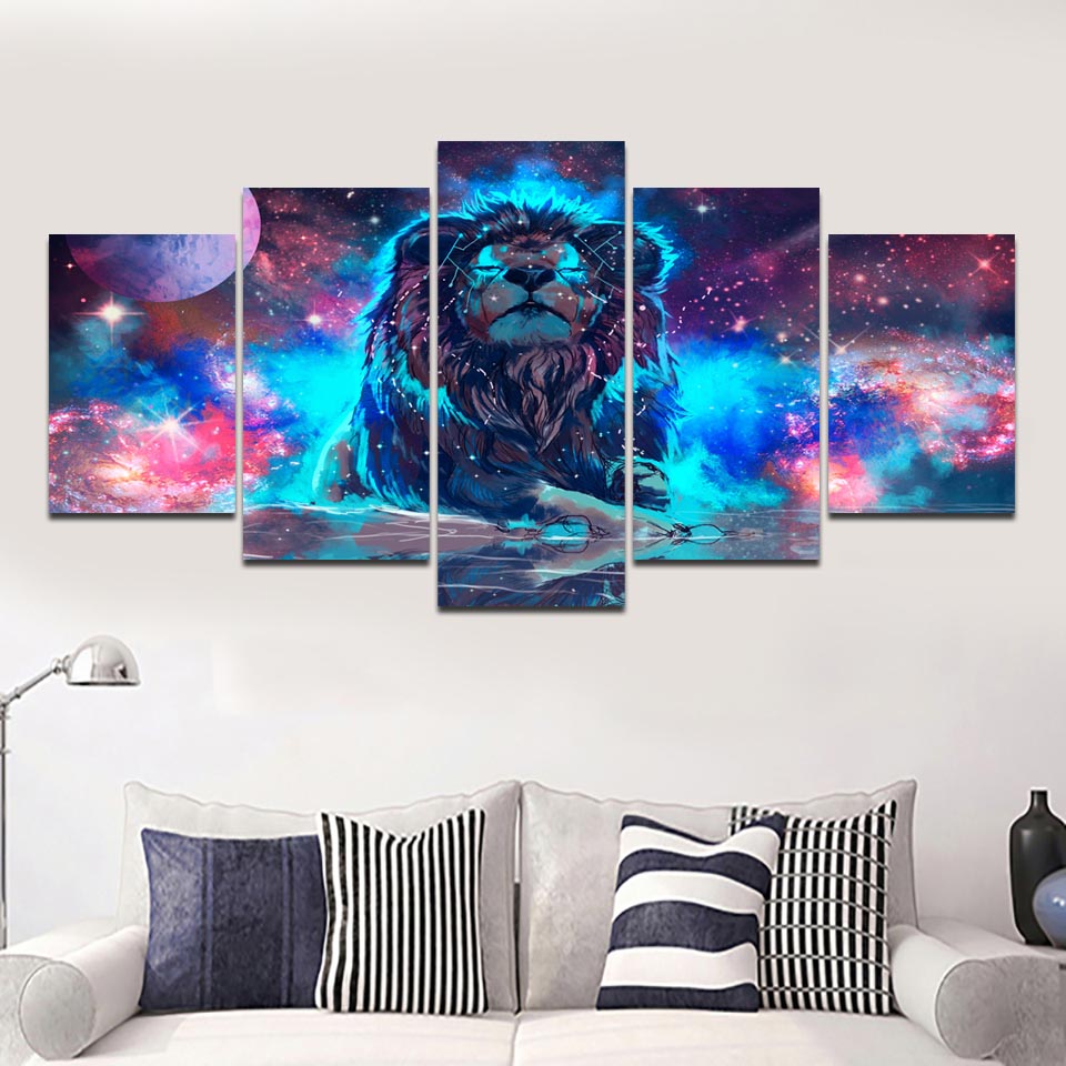 Wall Art Decor Painting Canvas Prints Paintings 5 Pieces Color Abstract Nebula Lion Constellation Poster Pictures Living Room No Frame