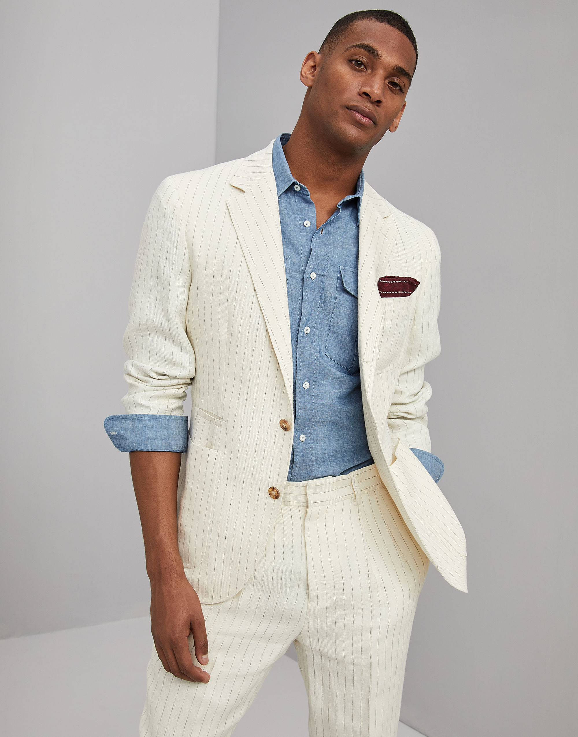 Ivory White Pinstripe Groom Tuxedos Mens Wedding Peaked Lapel Pants Suits Best Men Jacket Blazer Prom/Dinner 2 Pieces (Jacket+Pants)