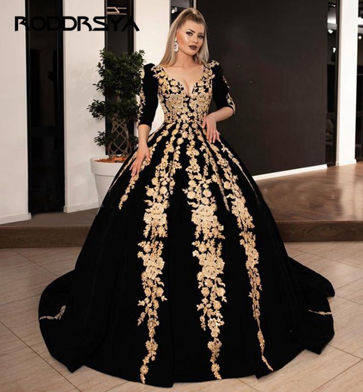 Long Evening Dresses Gorgeous Ball Gown Half Sleeve V-neck Arabic Gold Lace Velvet Black Women Formal Evening Gowns
Long Evening Dresses Gorgeous Ball Gown Half Sleeve V-neck Arabic Gold Lace Velvet Black Women Formal Evening Gowns