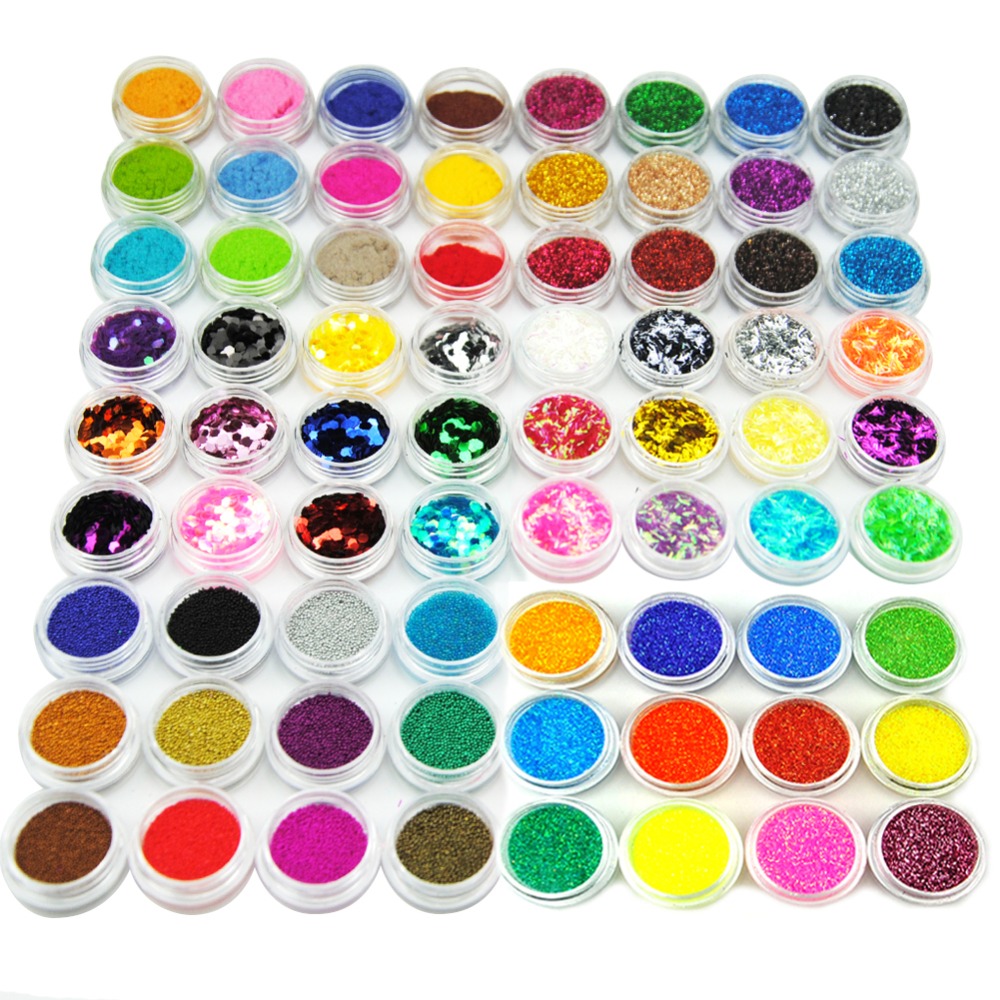72 Colors Acrylic Glitter Powder Kit Nail Art Decorations Set Brush For Nail Pusher Varnish Semi Permanent UV Set