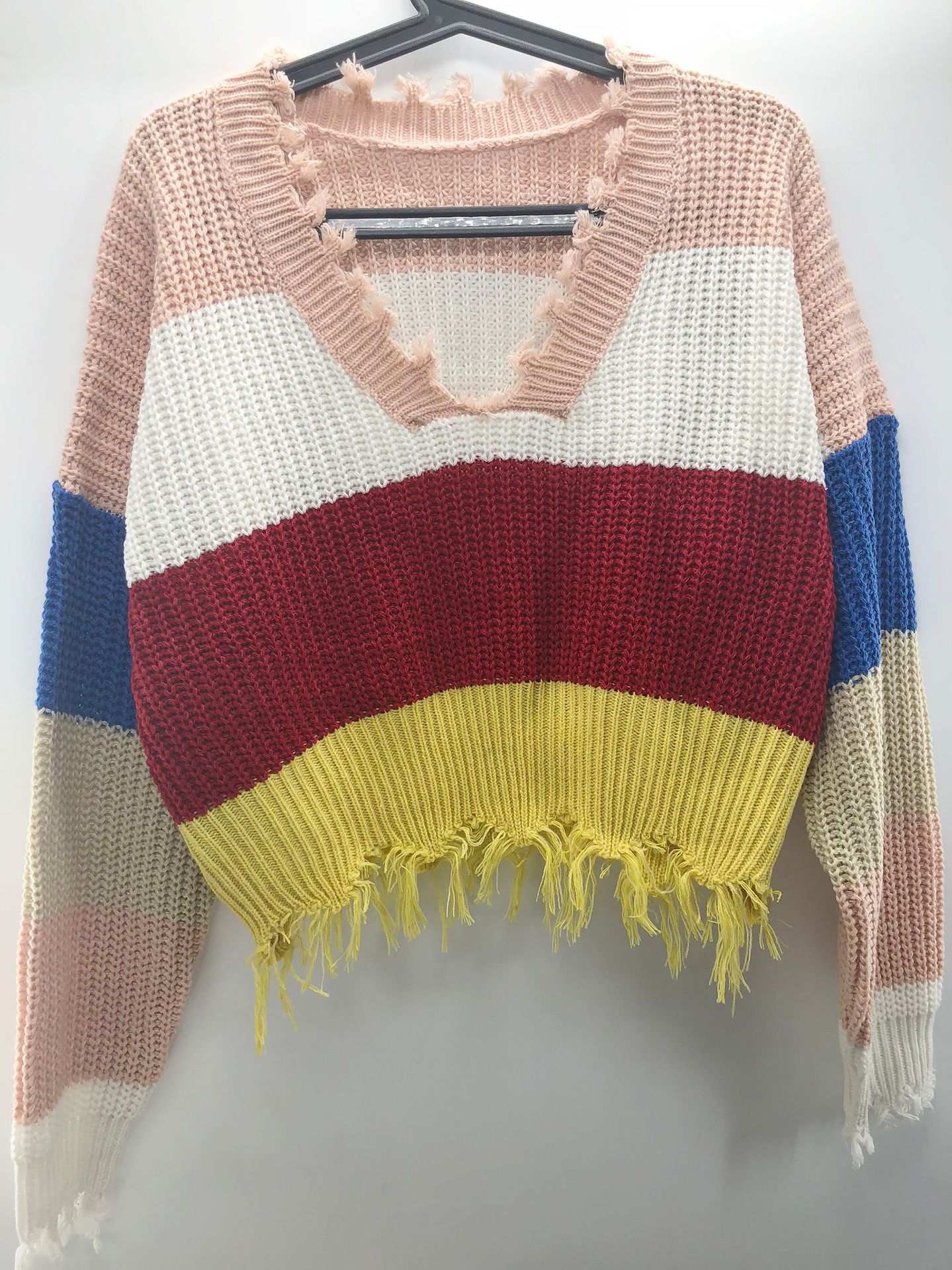 Fashion- Multi Color Blocked Cropped Sweater Women Winter Deep V-neck Tassel Knitted Pullover Cool Girls Loose Jumpers Pull Femme