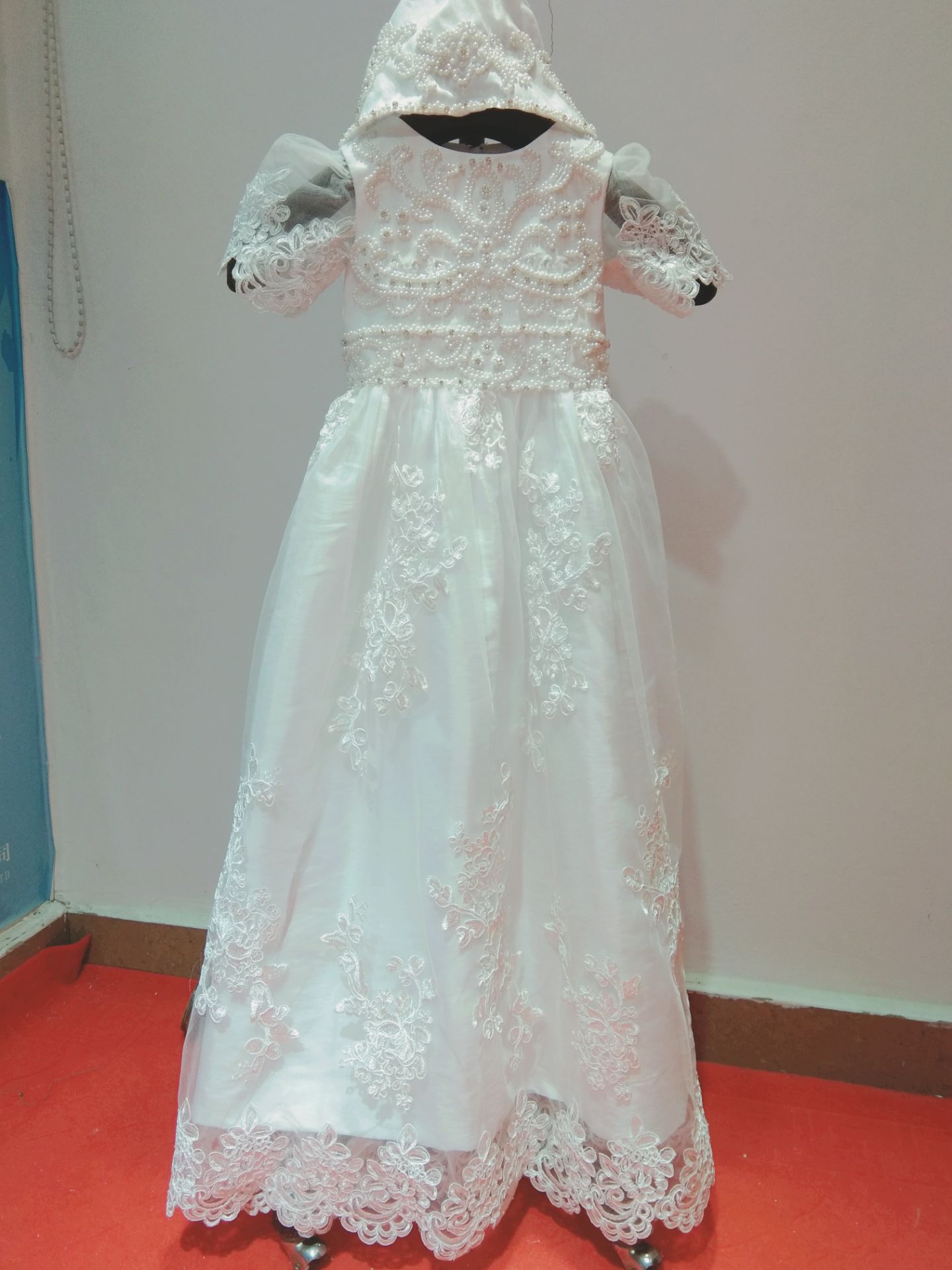 Pearls Lace Christening Gowns For Baby Girls Jewel Neck Lace Appliqued Baptism Dresses First Communication Dress With Bonnet