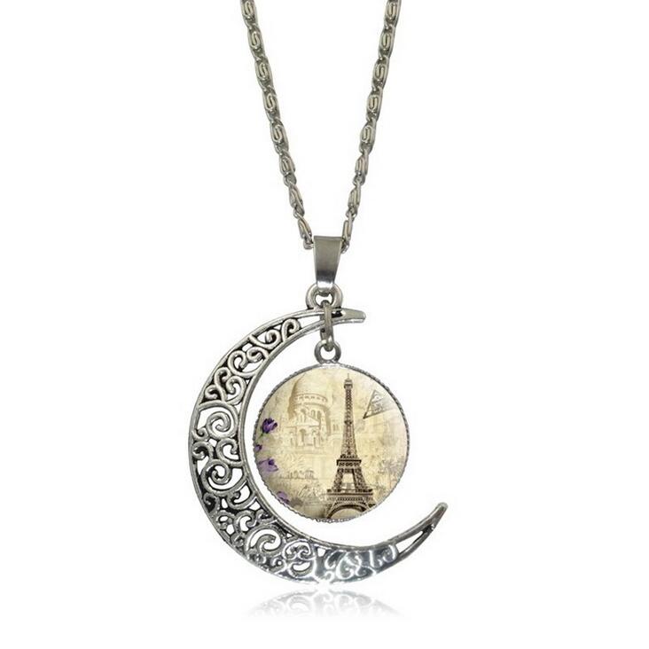 Openwork carved moon Eiffel Tower time gemstone necklace DJN173 mix order Pendant Necklaces jewelry