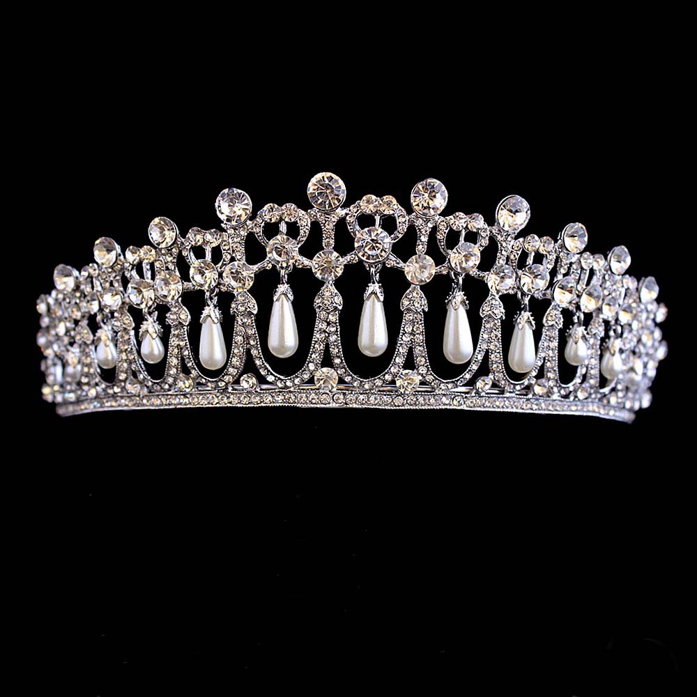 Vintage Silver Queen Princess Diana Crown Crystal Pearl Diadem For Bridal Hair Accessories Bride Tiara Headbands