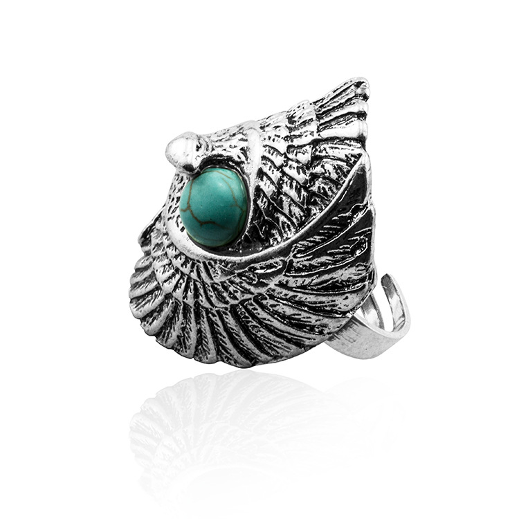Turquoise ring vintage Tibetan silver Indian wind pine stone wings eagle big eagle eye green