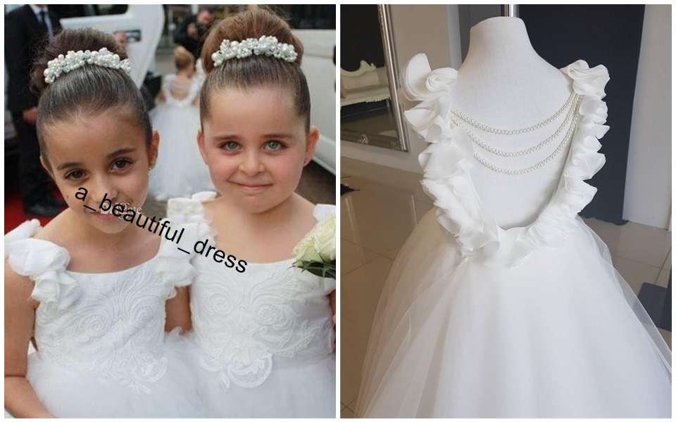 Lovely Flower Girls Dresses For Weddings Scoop Ruffles Lace Tulle Pearls Backless Princess Children Wedding Birthday Party Dresses FG1245