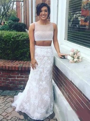 Charming Scoop Sleeveless White Lace Prom Dresses Pearls Crystals Beading Two Piece Prom Dress with Champagne Lining Cheap Prom Gowns