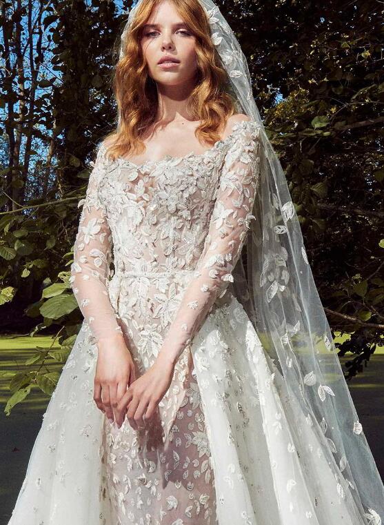 Zuhair Murad Vintage Wedding Dresses With Detachable Train 2019 Long Sleeve Lace Applique Sexy Bridal Gowns robe de mariée