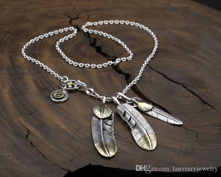Brand new 925 sterling silver vintage jewelry antique silver hand-made designer eagle sign and feather pendant punk necklace for men women