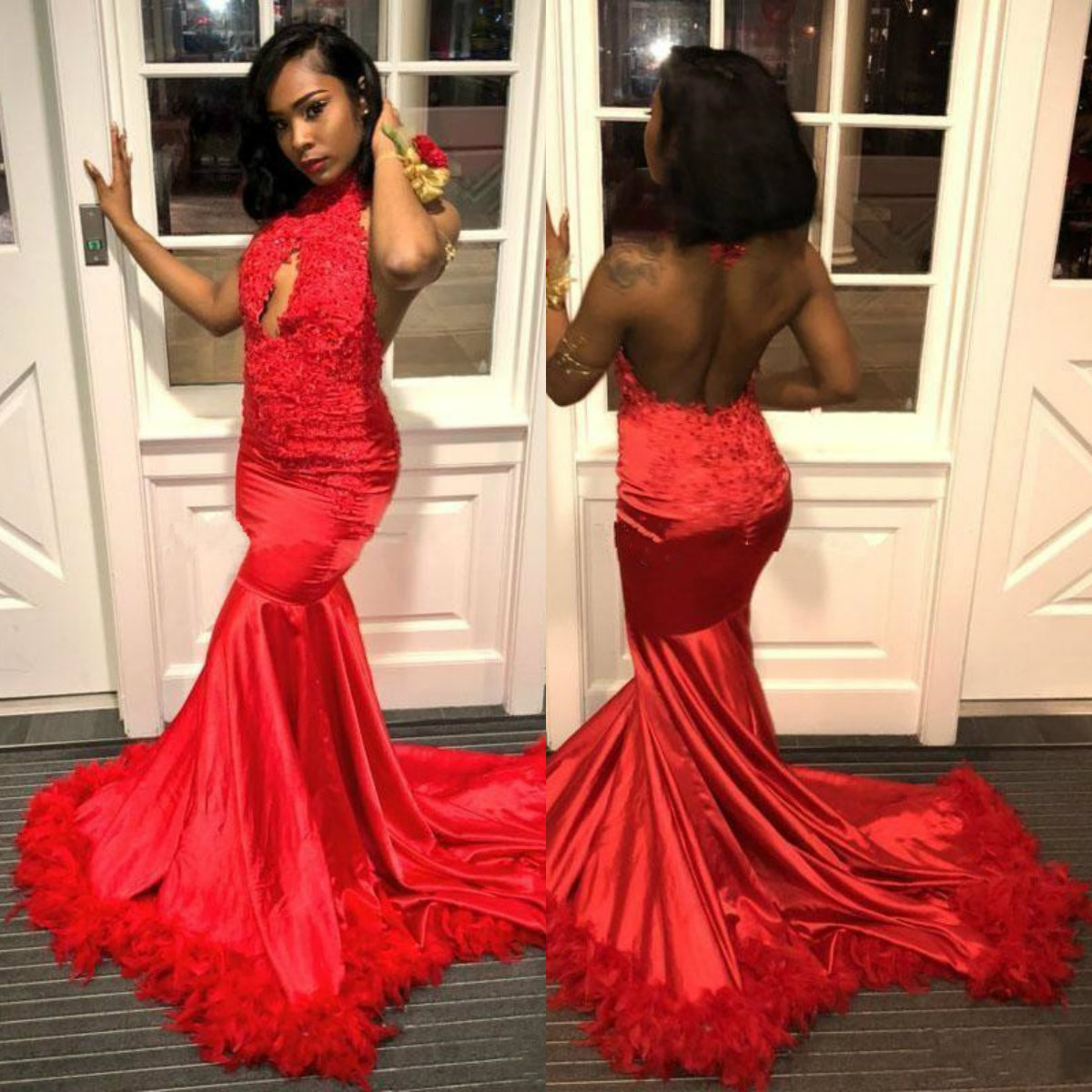 2019 Latest Prom Dresses With Feather Halter Neck Sexy Sleeveless Backless Mermaid Evening Gowns Sweep Train Special Ocn Dress Lz0304