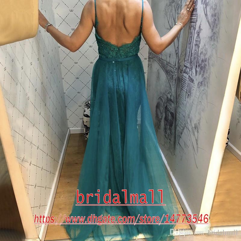 Green Sexy Dark Lace Mermaid Dresses With Detachable Train Spaghetti Straps Formal Pageant Prom Dress Cheap Party Evening Gowns