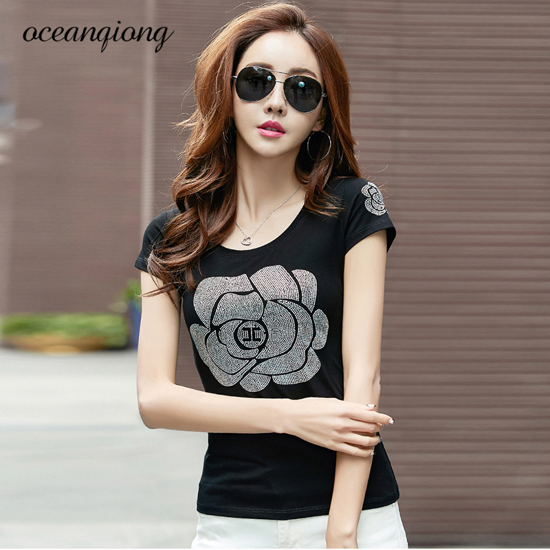 New Female T-shirts Silver Rose T-shirt Fashion Print Rhinestone Cotton T-shirts For Women Poleras De Mujer Summer Diamond Tops Y19072701