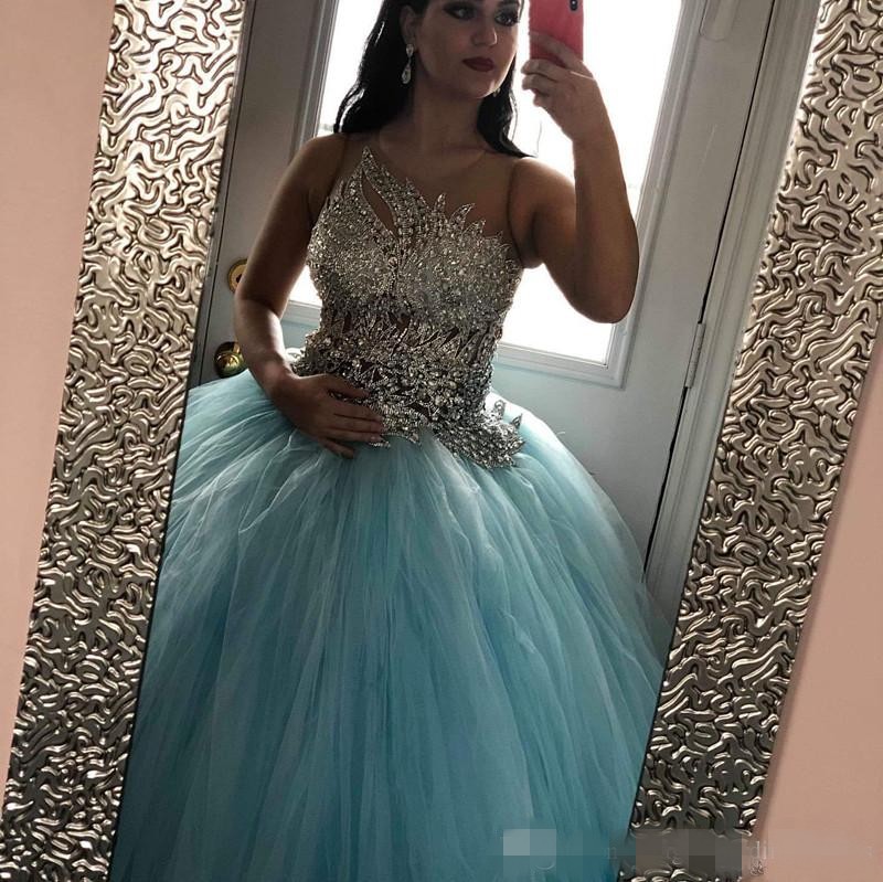 Newest Blue Sky Quinceanera Dresses Halter Sheer Neck Illusion Back Beaded Crystal Appliqued Tulle Sweet Prom Ball Gown