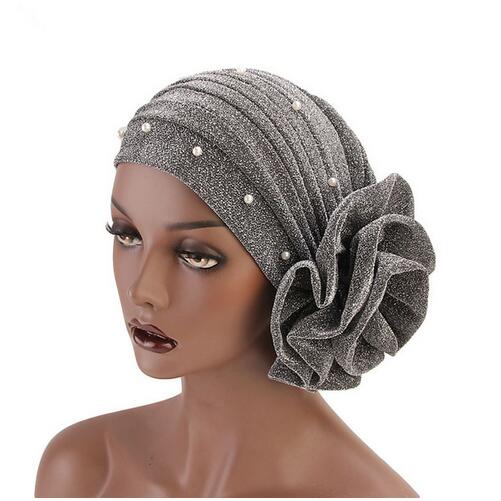 Women Beaded Glitter Turban Big Flowers Headband Wedding Party Head Scarf Hair Lose Cap Head Wraps Hair Accessories GB588