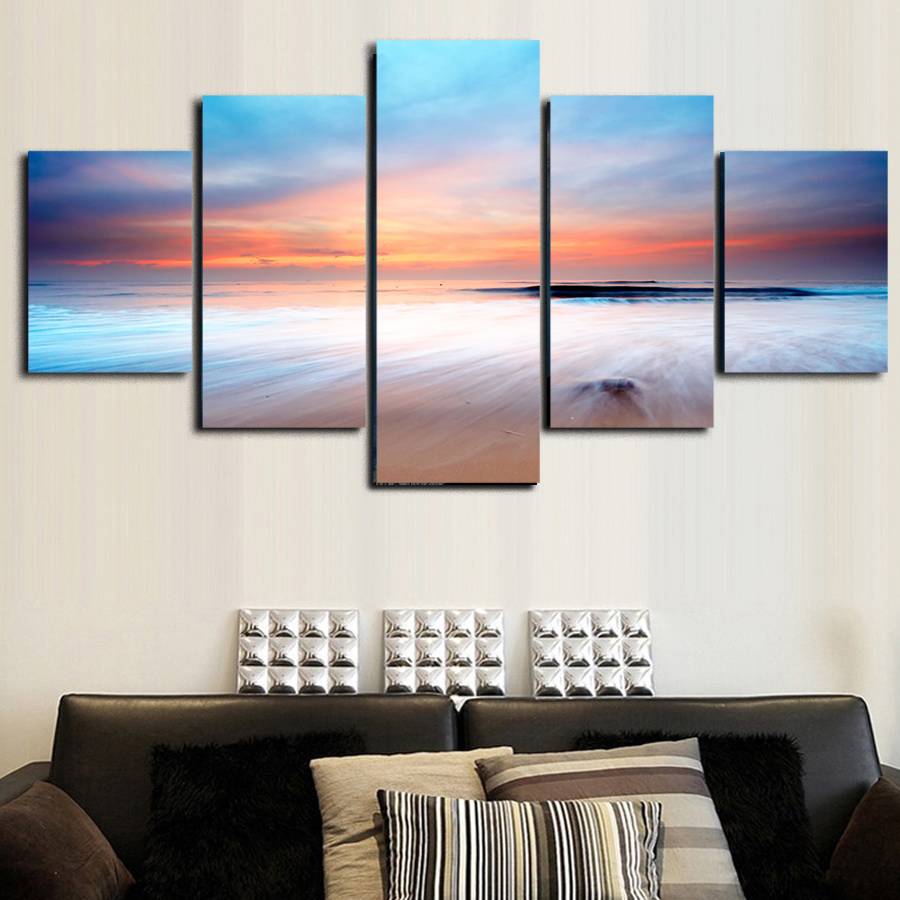 5pcs/set Unframed Seaside and Sunset Glow Seascape Print On Canvas Wall Art Picture For Home and Living Room Decor