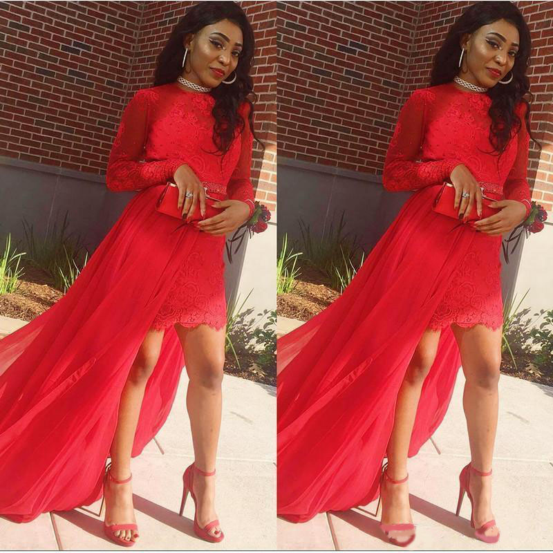 African Red Sheah Prom Dresses Long Sleeves Lace Short Evening Gowns With Detachable Chiffon Train Vestido Festa Formal Party Dress