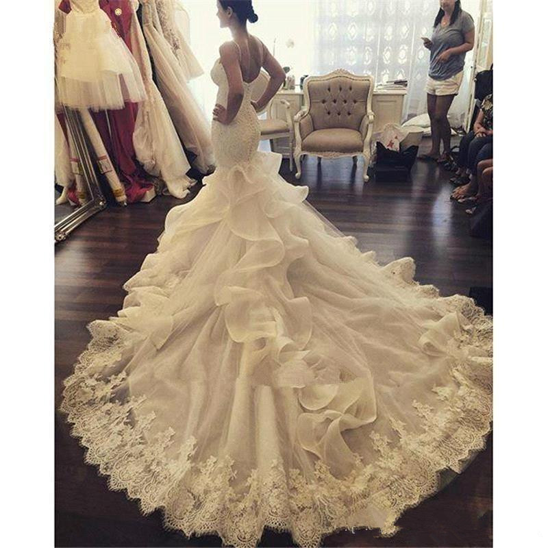 mermaid dresses spaghetti straps lace applique cascading ruffles court train wedding gowns buttons vestido de novia