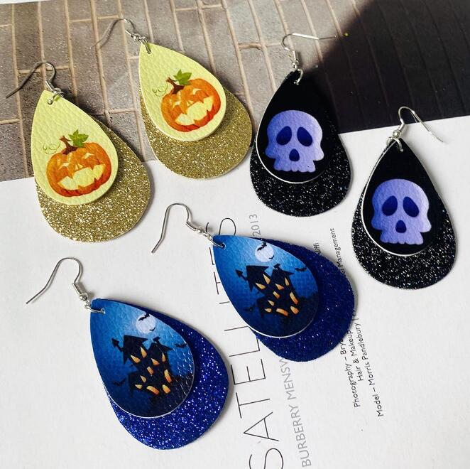 Halloween double-layer leather earrings skull sequins drop-shaped PU leather earrings GD351