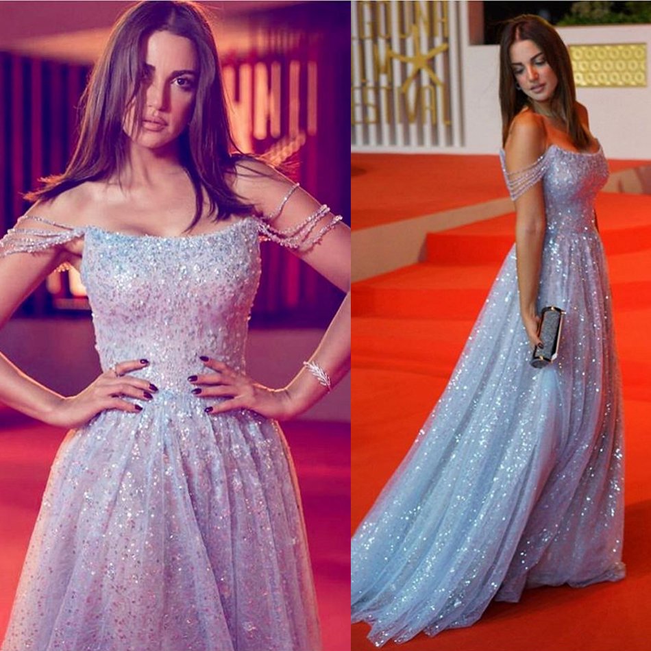 2020 Light Blue Prom Dresses Strapless Lace Sequins Beaded Pearls Formal Evening Dress A Line Arabic Special Robes De Soirée