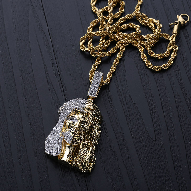 New Fashion 18K Gold CZ Zirconia Personalized Hip Hop Self Mechanical Christian Jesus Face Portrait Pendant Punk Necklace Gifts for Men
