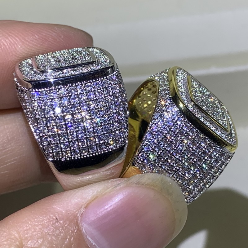 Hip Hop Sparkling Luxury Jewelry Male Fashion 925 Silver&Gold Fill Pave White Sapphire CZ Diamond Gemstones Wedding Band Ring For Men Gift