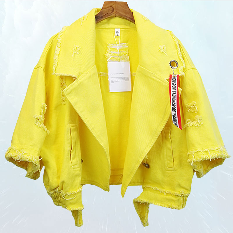 Bright Colors Denim Women Jacket Half Sleeve Spring Jackets Female Lapel Single…