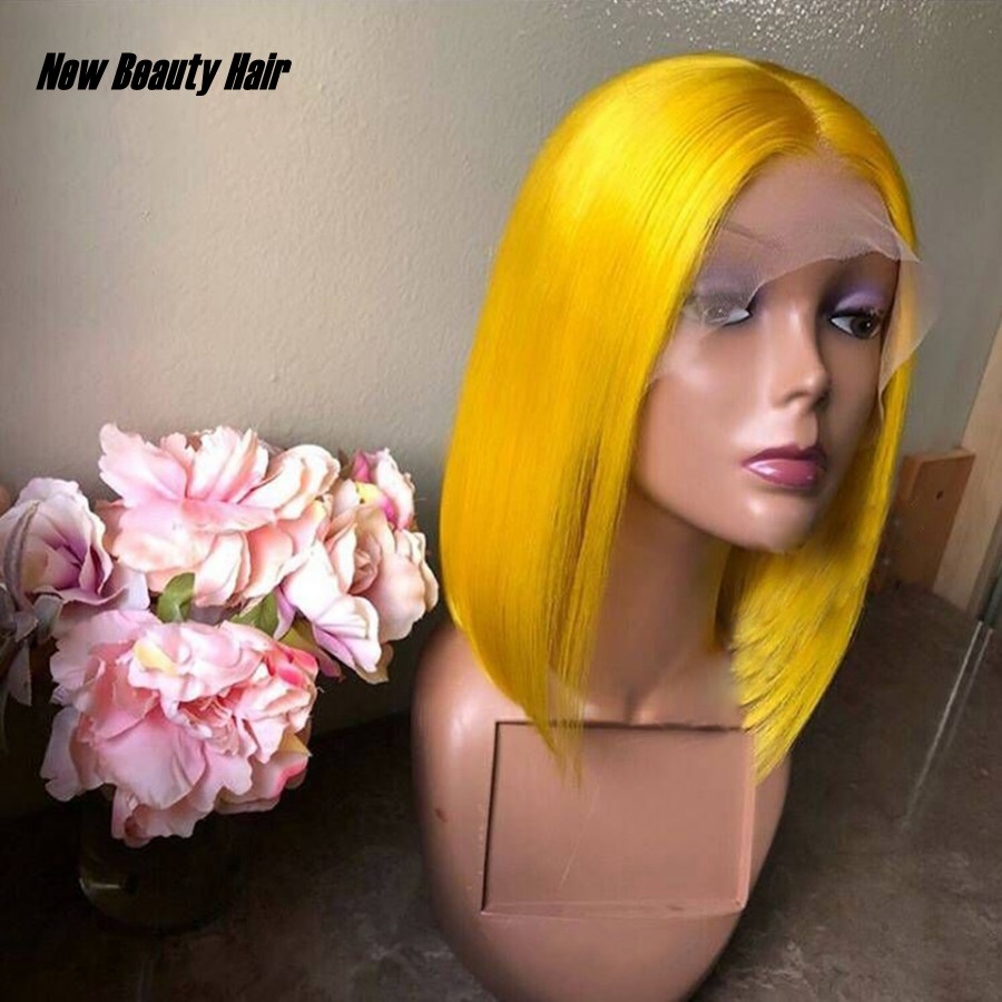 Realistic Looking Yellow Color short Bob Cut Natural Hairline Heat Resistant Fiber Synthetic Lace Front Wigs For American black Women