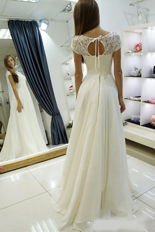 2020 Lace Chiffon A-line Beach Boho Wedding Dresses With Cap Sleeves Bridal Gowns Corset Back Summer Beach Informal Wedding Dresses
