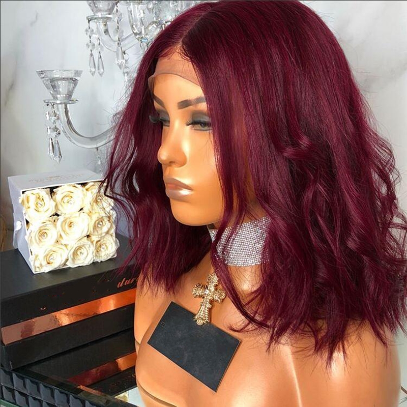 Free Shipping Natural Hair Glueless Burgundy color Body wave Synthetic Lace Front Wigs for Black Women Short Bob Heat Resistant Fiber Hair