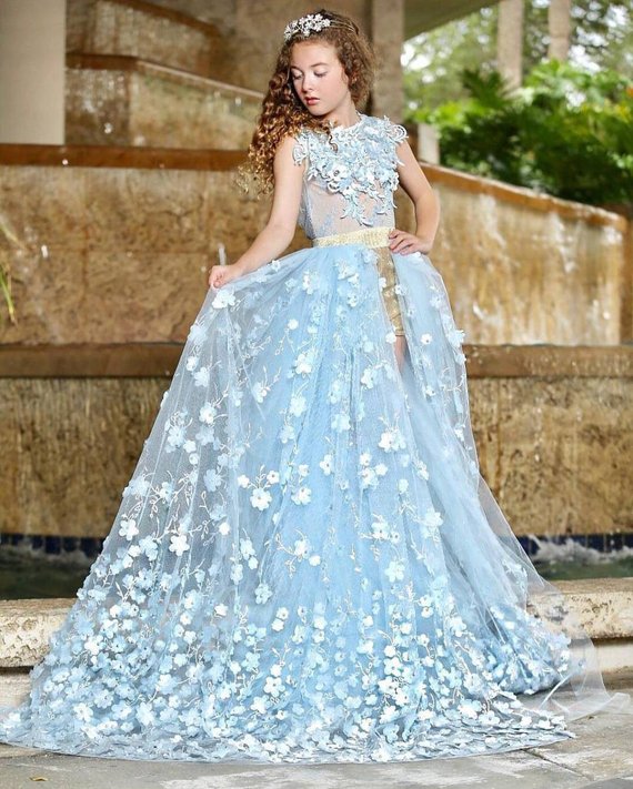 Gorgeous Lace Flower Girl Dresses With Detachable Train Jewel Neck Lace 3D Floral Appliqued A Line Girls Pageant Dress Kids Formal Wear