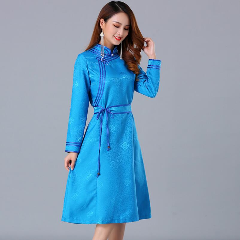 Mongolian dance stage wear long Sleeve Qipao Dress Silk blend Party Cheongsam For Women Elegant oriental ethnic clothing