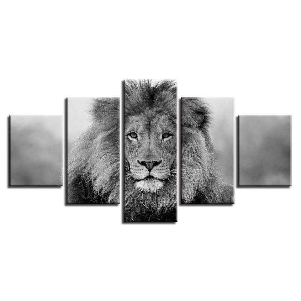Canvas Pictures Modular Wall Art 5 Pieces Animal Lion Painting Living Room HD Prints Black And White Poster Home Decor(No Frame)